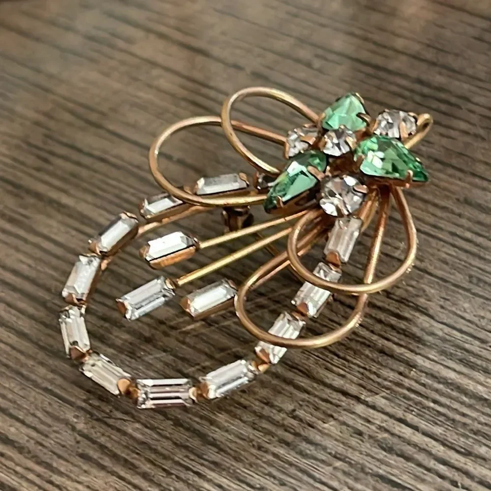 Vintage Ralph Scudieri D'ERI Signed 12K Gold Filled Crystal Brooch Clear & Green